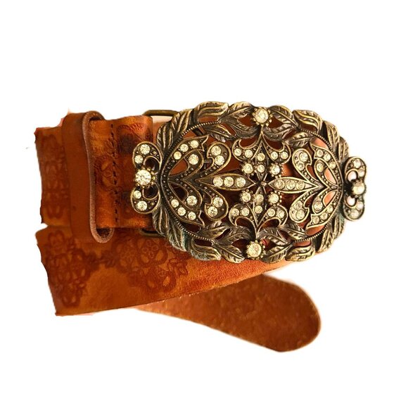 Women's GUESS Belt F89431 Western Medium Brown Leather Buckle Gem Stone - Picture 1 of 14